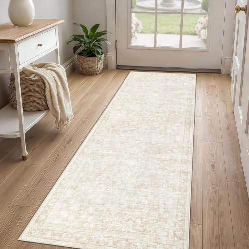 2x8 Hallway Runner Rug: Washable Vintage Floral Entryway Rugs Low Pile Non-Slip Boho Carpet for Kitchen, Bedroom, Bathroom, Dining Room (Beige, 2'x8') - Image 3