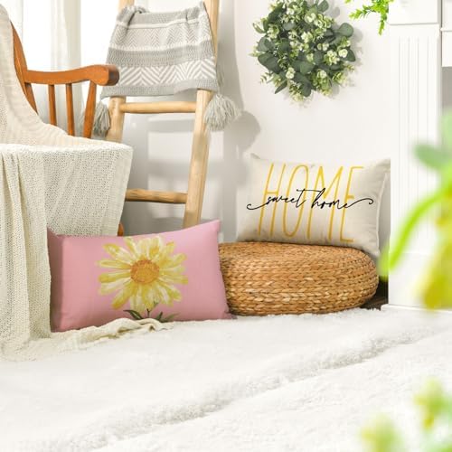 AVOIN colorlife Home Sweet Home Spring Summer Flowers Pink Throw Pillow Covers, 12 x 20 Inch White Cushion Case for Sofa Couch Set of 4 - Image 5