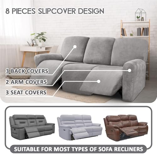 ULTICOR Velvet 8-Pieces Recliner Sofa Covers Stretch Reclining Couch Covers for 3 Cushion Reclining Sofa Slipcovers Furniture Covers Thick Soft Washable (3 Seater Recliner Cover, Light Grey) - Image 2