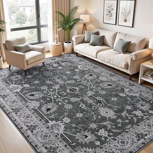Hanples 8x10 Area Rugs for Living Room, Washable Rug Vintage Floral, Black - Image 2