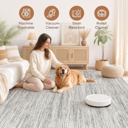 Nakagishi 10X12 Area Rugs Living Room: Washable Large Vintage Rug Neutral Non-Slip Soft Stain Resistant Indoor Carpet for Bedroom Nursery Dining Room Office Playroom - Grey - Image 3