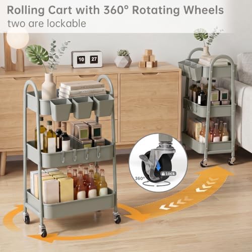 danpinera 3-Tier Rolling Cart, Metal Rolling Storage Cart with Lockable Wheels & Hanging Cups & Hooks, Mobile Trolley Cart for Kitchen, Bathroom, Office, Workshop, Gray - Image 3