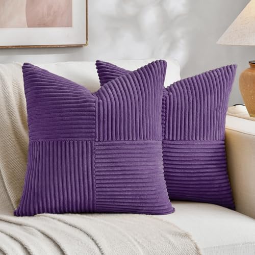 Fancy Homi 2 Packs Purple Euro Decorative Throw Pillow Covers 26x26 Inch for Living Room Couch Bed, Farmhouse Boho Home Decor, Soft Corss Corduroy Patchwork Textured Square Cushion Case 66x66 cm by Fancy+Homi