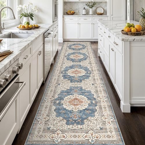 Ksrau 3x12 Runner Rug Washable Vintage: Non Slip Hallway Runners Blue/Beige - Image 2