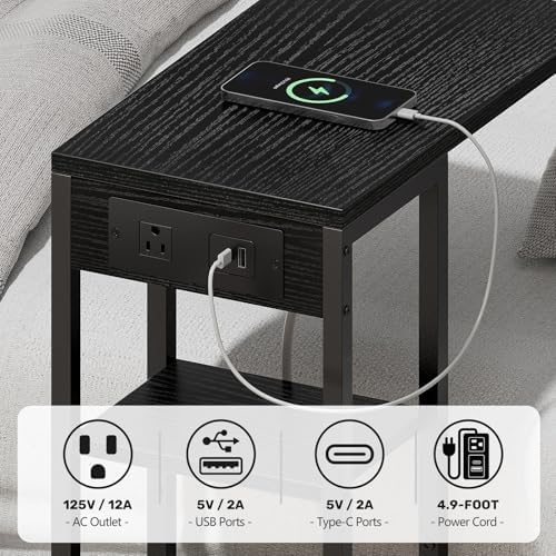 C Shaped End Table with Charging Station, Small Side Table for Couch Recliner, Slide Under Sofa Desk Snack Tables with Storage Bag & AC / USB Outlet, Small Spaces Drink Tables for Living Room, Bedroom - Image 5