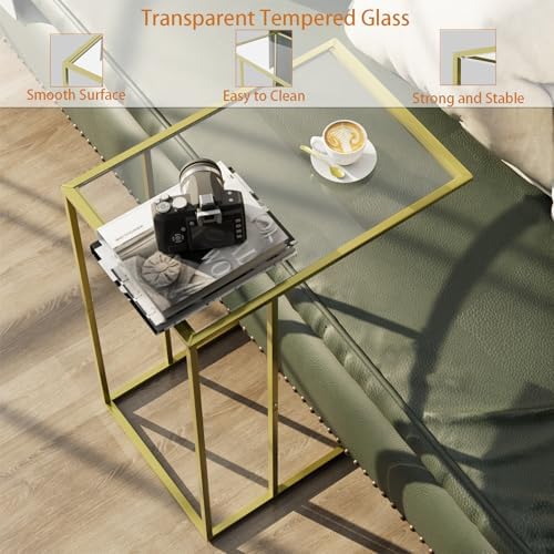 C Shaped End Side Table Set of 2,Couch Sofa Table for Small Space,Tempered Glass Snack Side Table with Metal Frame for Living Room, Bedroom, Bedside, Modern Style, Gold - Image 4