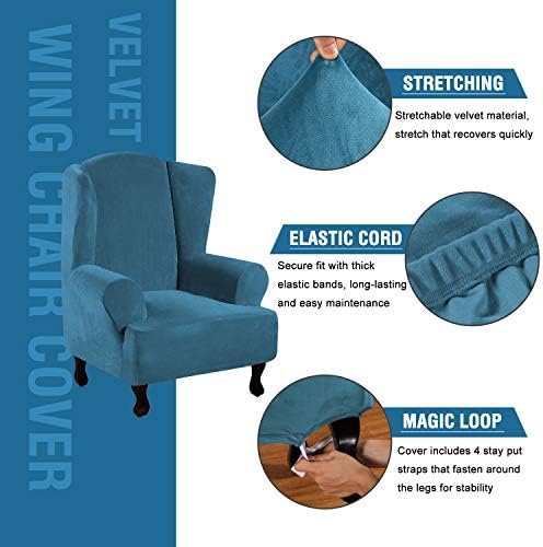 H.VERSAILTEX Wingback Chair Covers Velvet Plush Wing Chair Slipcover 1 Piece High Stretch Wing Back Chair Slipcovers Sofa Cover Furniture Cover with Elastic Bottom, Peacock Blue - Image 2