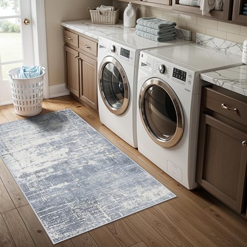 Washable 2x4 Kitchen Area Rugs: Abstract Stain-Resistant Sink Rug Non-Slip Durable Doormat Ultra Soft Bedroom Nursery Besides Carpets Indoor Water Resistant Bathroom Floor Mat(2x4,Blue/Ivory) - Image 5