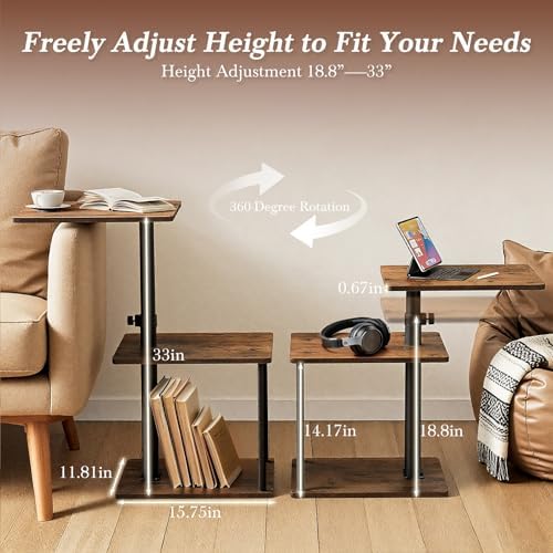 Faesun 360° Swivel Side Table for Height Adjustable, C Shaped End Table for Couch with Storage, 3-Tier Night Stand with Open Shelf, Tv Tray for Small Spaces, Living Room, Bedroom, Rustic Brown - Image 2