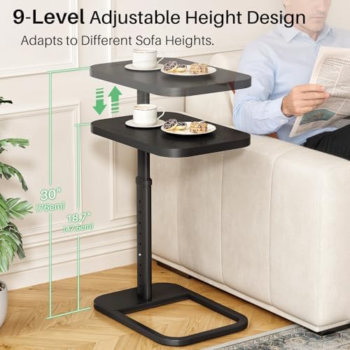 Kitstorack Adjustable Height C-Shaped End Table, 9-Level Side Table with Thickened Metal Rounded Edge, Couch Table Slides Under Sofa or Bed, Eating, Working, TV Tray Table for Small Spaces, Black - Image 3