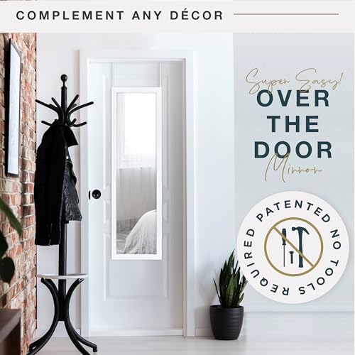 MCS 14.7x50.7 Matte White Over The Door Mirror, Full Length Hanging Mirror for Bedroom & Bathroom Doors, Lightweight Design with Patented No Tools Required Hanging System - Image 2