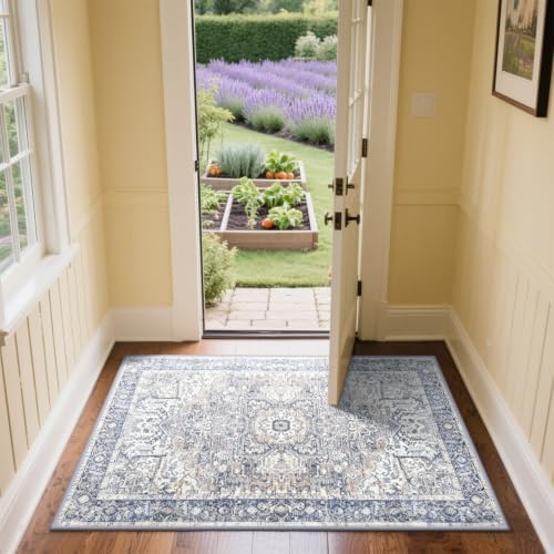 Hanples 2x3 Washable Rugs for Entryway, Vintage Floral Door Mat, Blue - Image 4
