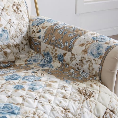 Great Bay Home Reversible Floral Patchwork Recliner Furniture Protector - Machine Washable, Scalloped Edge, Stain Resistant, Printed Furniture Cover for Dogs, Kids, and Pets (Taupe/Blue) - Image 4
