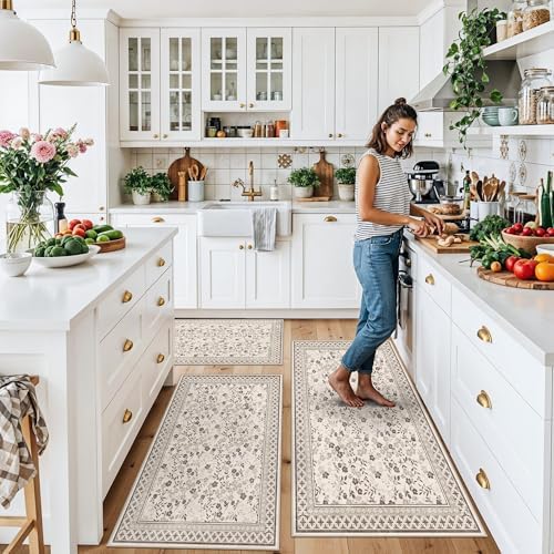 3-Piece Kitchen Rugs Set for Floor, Washable Non-Slip Farmhouse Kitchen Mats for Hardwood Floor, Rustic Floral Boho Runner Rug for Sink,Entryway & Hallway & Bathroom (Beige/Brown/Floral,2x3-2x4-2x5) - Image 3