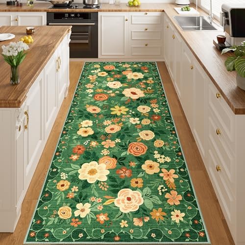 DUKINO 3x8 Kitchen Runner Rug, Washable Rug for Hallway Non Slip Dark Green by DUKINO