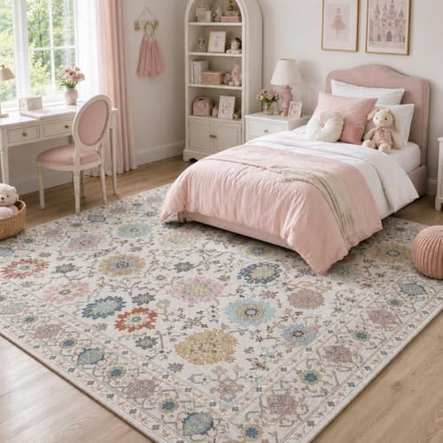 AMADA HOMEFURNISHING 8x10 Area Rug for Living Room, Vintage Washable Area Rug Low-Pile & Non-Slip Carpet for Bedroom Dining Room Nursery Home Office, Beige/Multi by AMADAHOMEFURNISHING