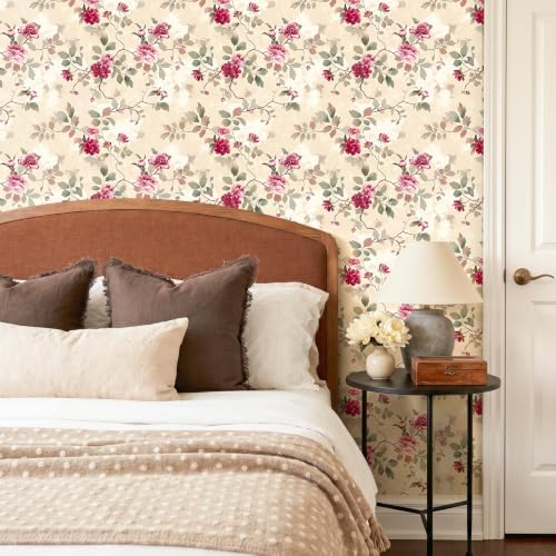 CRE8TIVE Non‑Woven Beige Floral Peel and Stick Wallpaper Vintage 12"x354" | Magenta Pink Peony Floral Wallpaper for Bedroom Living Room, Adhesive Floral Contact Paper for Walls Countertops Waterproof - Image 4