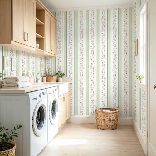 Safiyya Wallpaper Peel and Stick Stripe Floral Wall Paper Removable Green Pink Contact Paper 17.7''x197'' Waterproof Self Adhesive Vinyl Boho Wallpaper for Bedroom Living Room Decor - Image 6
