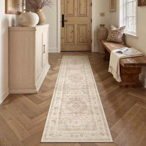 2x8 Beige Washable Runner Rug Non Slip Vintage Carpet by WondRg