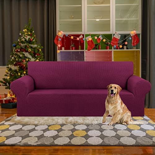 KEKUOU Stretch Couch Covers for Sofa, 3 Cushion Couch Slipcover,Wine - Image 2