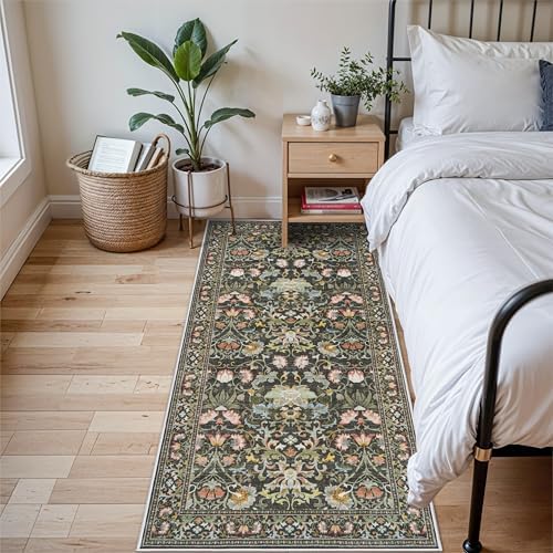 3x6 Washable Hallway Area Rugs: Vintage Floral Entryway Kitchen Runner Rug Ultra Soft Anti-Slip Beside Carpet Indoor Farmhouse Floor Mat for Bathroom Living Room Bedroom Durable Doormat(3x6,Green) - Image 2