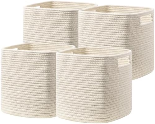 UBBCARE Set of 4 Storage Cubes-11 X 10.5 X 10.5 In, Cotton Rope Basket for Shelves, Toys, Book, Cube Storage Bin with Handles, Woven Storage Basket for Organizing, Beige by UBBCARE