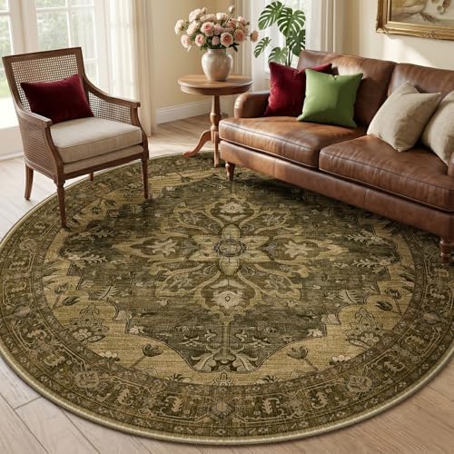 RELEANY Washable Area Rug, Round 6ft, Brown/Dark Brown by RELEANY