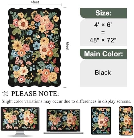 DUKINO 4x6 Area Rug, Non Slip Floral Washable Rug for Living Room, Black - Image 2