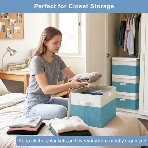 Bagnizer Large 22 Quart Linen Fabric Foldable Storage Bin Cube Organizer Basket with Flip-Top Lid & Handles, Clothes Blanket Box for Home, Office, Closet, Teal & White, 4 Pack 14.6 x 9.5 x 9.5 - Image 3
