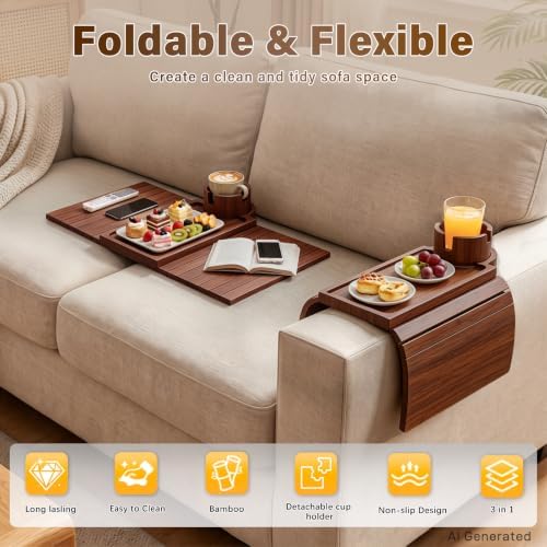 Bamboo Couch Arm Tray, 3 in1 Couch Armrest Table, Armrest Tray, Walnut - Image 4