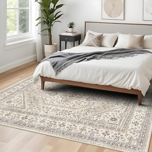 8x10 Washable Area Rug for Living Room - Non-Slip Vintage Rugs Beige Gray - Image 2
