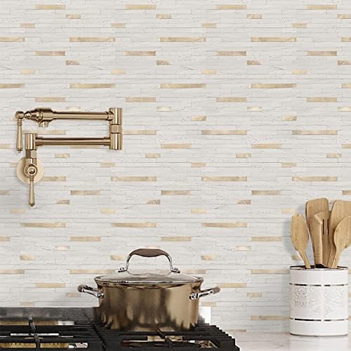 STICKGOO 2 Sheets Peel and Stick Backsplash Tile, Stick on Backsplash for Kitchen and Bathroom, White Sandstone Look PVC Mixed Metal Gold Self Adhesive Wall Tiles - Image 5