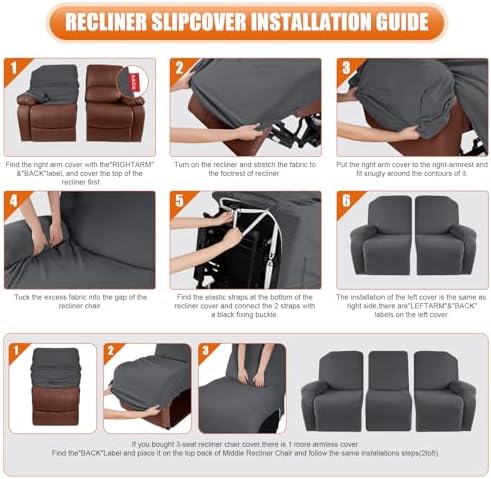 VANSOFY Stretch Recliner Couch Cover, Slipcover, Charcoal Gray, 3 Seater - Image 5