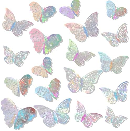 Bememo 72 Pcs 3D Butterfly Wall Decals, 3 Sizes,Holographic White | Metallic Hollow Design for Bedroom Living Room, Removable Adhesive Wall Decor, Easy Peel Stick Party Decoration Stickers by Bememo
