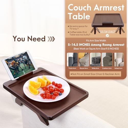 SINWANT Couch Arm Tray Table, Large Space 15.75"x 11.8" Bamboo Couch Armrest Table with 360° Rotating Phone Holder,Foldable Sofa Armrest Tray for Eating Snacks Drinks Remote Books - Image 3