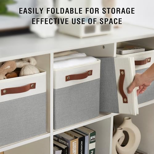 Bagnizer Collapsible Fabric Storage Cube Bins with 2 Reinforced PU Handles, Foldable Storage Organizer Baskets for Closet, Shelves, Living Room | 11"x11"x11", 4 Pack, Gray & White - Image 6