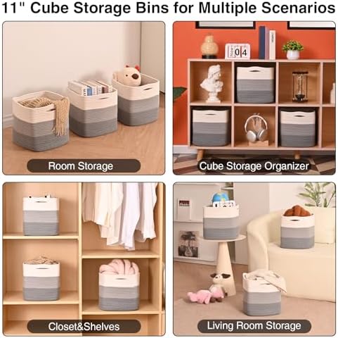 11 Inch Cube Storage Bins, 11x11 Cube Storage Bins for Cube Organizer, Square Cloth Storage Cubes, Woven Storage Baskets for Shelves, Toy Rope Baskets Storage Kids, Gradient Grey (Pack of 3) - Image 5