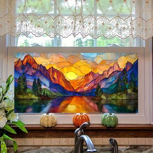 HOMETITUTE Mountain Sunset Stained Glass Window Cling 39.3x17.7 Inch PVC by HOMETITUTE