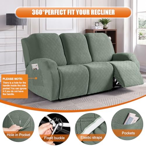 VANSOFY Stretch Recliner Couch Cover, Slipcover, Bean Green, 3 Seater - Image 5