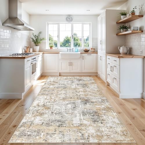 4x12 Wide Hallway Runner Rug – Non-Slip Washable Rubber-Backed Large Carpet Runner for Kitchen, Entryway, Bathroom, Modern Abstract Low-Pile Thin Floor Mat for Living Room, Dining Room (Gold/Grey) - Image 3