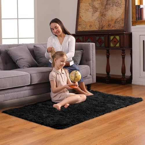 Ophanie 3x5 Black Rugs for College Dorm, Bedroom Small Area Rug, Non-Slip Fluffy Shaggy Bedside Soft Shag Fuzzy Plush Carpet for Kids Boys Teen Decor Aesthetic, Nursery with Over 99 pcs Pile fibers - Image 3