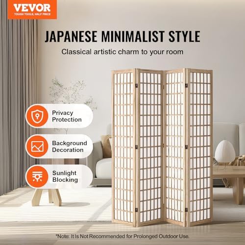 VEVOR Room Divider, 4 Panel Japanese Room Divider, Folding Privacy Screen Indoor, Portable Partition Dividers and Decoration Screens, for Room Separation, Home, Office, Restaurant & Bedroom (Natural) - Image 2