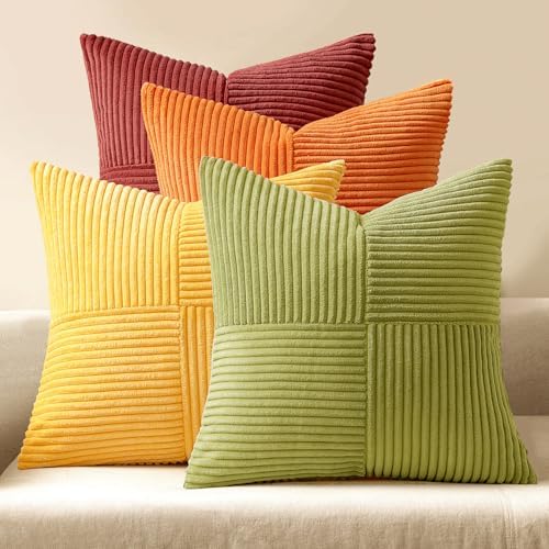 MIULEE Fall Burnt Orange Decorative Throw Pillow Covers 20x20 Inch Set of 4 Boho Color-Clash Cushion Covers Modern Farmhouse Pillow Cases Corduroy Striped Home Decor for Couch Sofa Bed by MIULEE