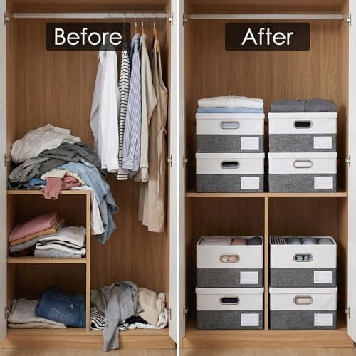 PRANDOM Storage Bins with Lids [3-Pack] Linen Fabric Foldable Storage Boxes Organizer Containers Baskets Cube with Cover for Bedroom Closet Office Grey&White（11.4X8.6X6.7 - Image 3