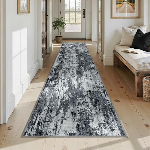 RELEANY Washable Runner 2'6"x12' Abstract Area Rug for Hallway Black White - Image 2
