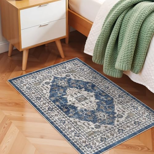 2x3 Washable Vintage Area Rug: Indoor Soft Entryway Rug with Non Slip Backing Water Resistant Carpet for Kitchen Bathroom Laundry Low Pile Door Mat Perfect for Homes with Cats & Dogs(2x3,Blue) - Image 3