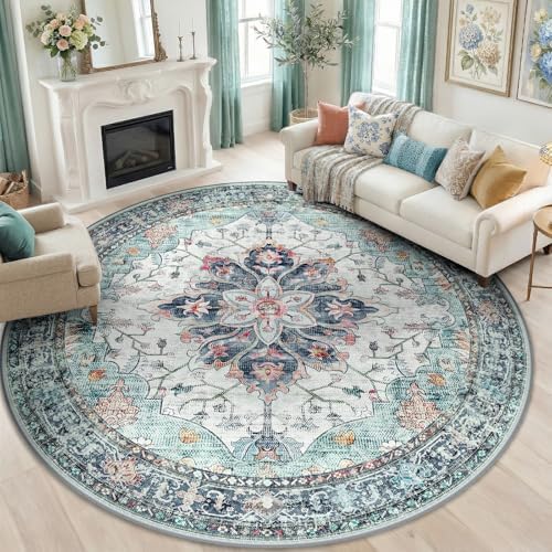 RELEANY Washable Area Rug, Round 8ft, Teal Green/White/Navy by RELEANY