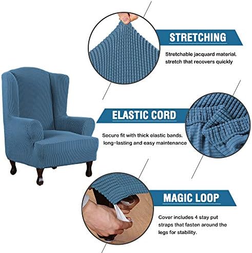 H.VERSAILTEX Wing Chair Slipcover Chair Covers for Wingback Chairs Wingback Chair Covers Slipcovers 1 Piece Stretch Sofa Cover Furniture Protector Soft Spandex Jacquard Checked Pattern, Dusty Blue - Image 3