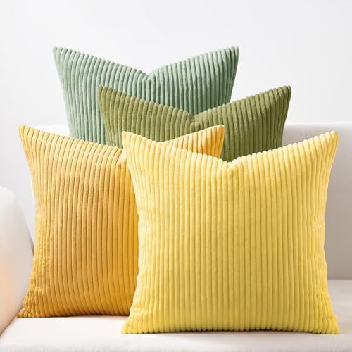 Topfinel Summer Throw Pillows Covers 16x16 Inch Set of 4,Yellow Sage Green Colorful Decorative Vanilla Girl Room Decor Cushion Cases,Couch Sofa Living Room Striped Corduroy Modern Home Decor by Topfinel