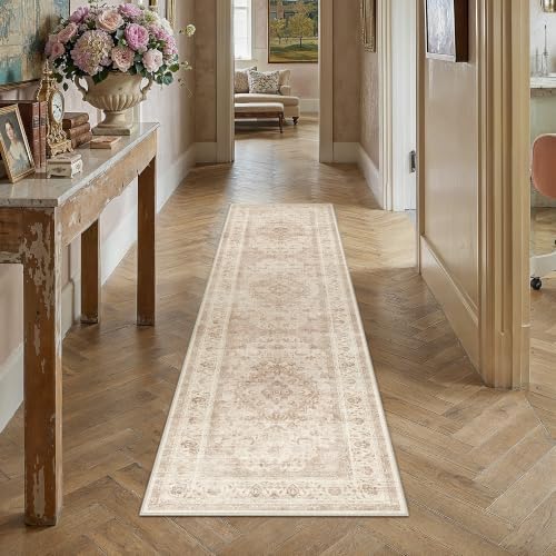 3x8 Beige Washable Runner Rug Non Slip Vintage Carpet - Image 3